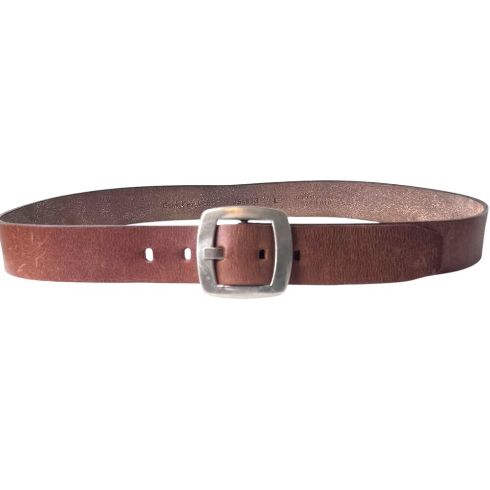 CK Y2K Brown Leather Belt Silver-Tone Wide Buckle Distressed Casual Women's XL - Picture 3 of 7